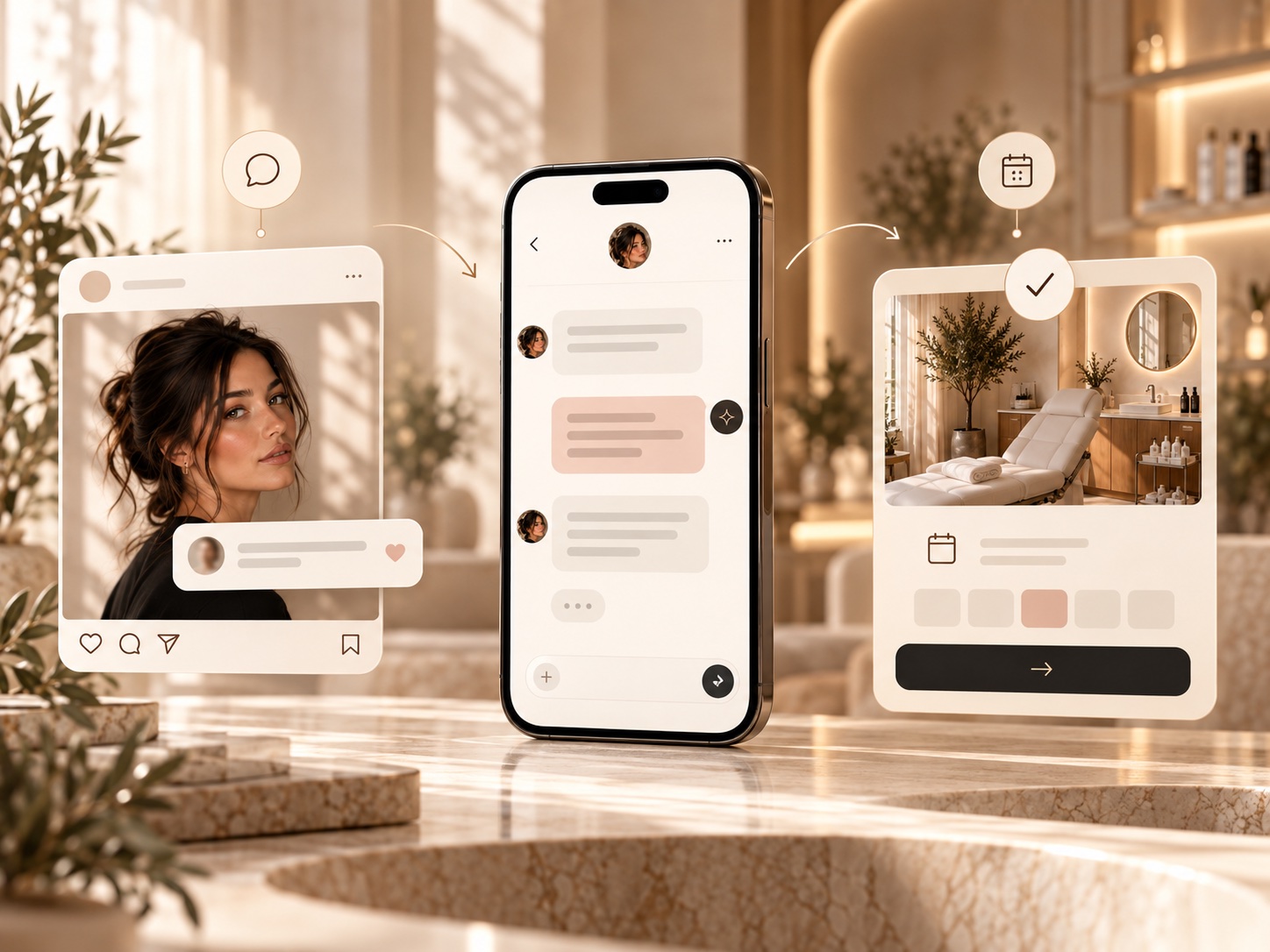 Illustrated journey from an Instagram post to an automated direct-message conversation and consultation booking.
